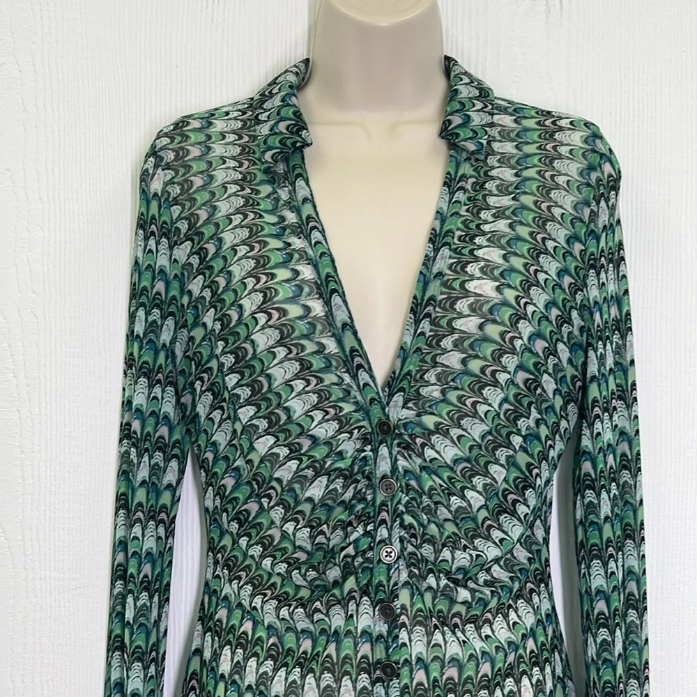 Free People - Green Fish Scale Button Down Ling Sleeve Sheer Blouse Size Small